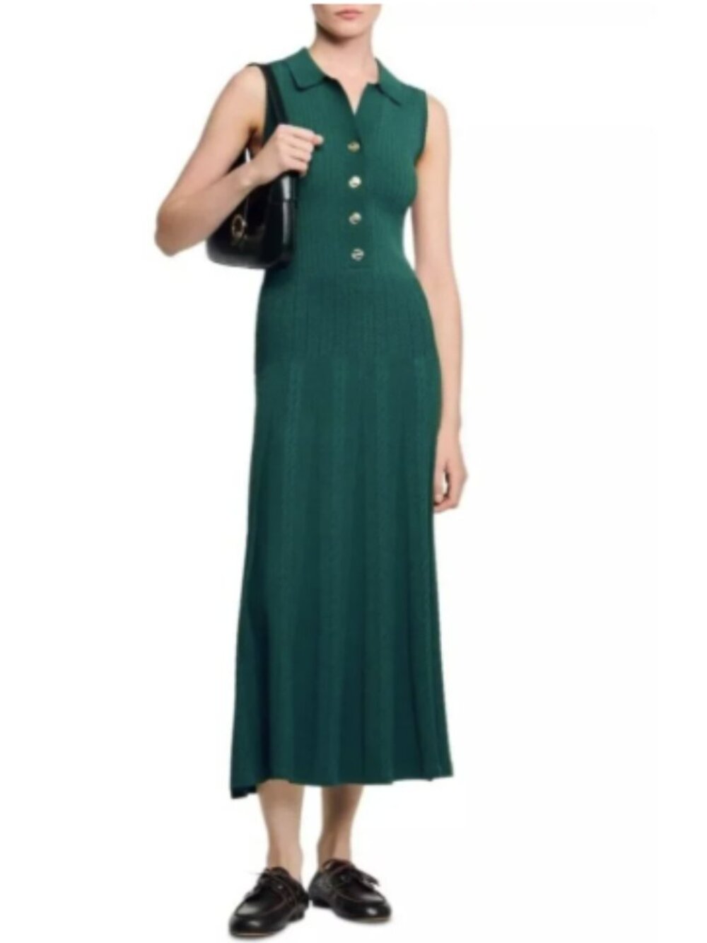 Sandro Green Knit Collared Sleeveless Button Top Midi Dress 42/12